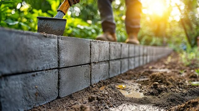Building a retaining concrete block wall with a man levelling tool on a newly acquired property