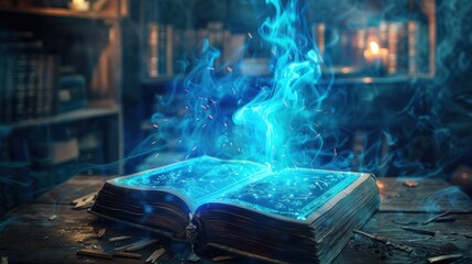 Mystical Book with Blue Smoke and Sparks
