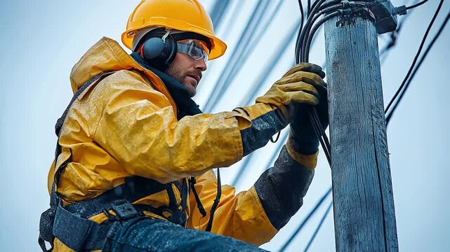 A lineman works on a phone line while using rubber gloves and flame-resistant clothes
