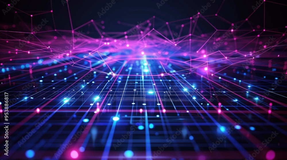 Poster a vibrant digital landscape featuring interconnected lines and glowing nodes, representing data flow