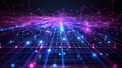 A vibrant digital landscape featuring interconnected lines and glowing nodes, representing data flow and technology.
