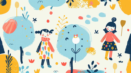 Two cheerful children playing in a colorful, whimsical garden filled with stylized trees and bright plants during a sunny day