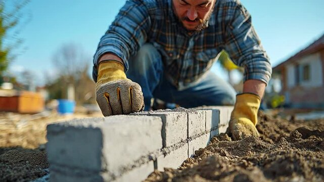Building a retaining concrete block wall with a man levelling tool on a newly acquired property