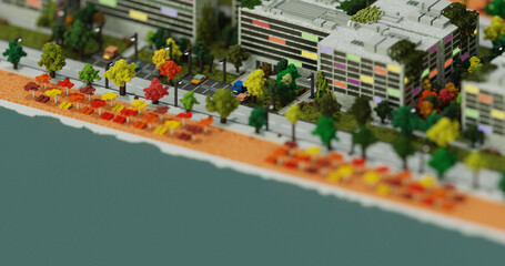Voxel Art Coastal City 3D Render Beach Town in a Blocky Style sunny day