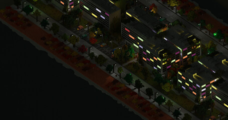 Voxel Art Coastal City 3D Render Beach Town in a Blocky Style night  