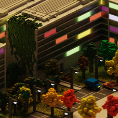 Voxel Art Coastal City 3D Render Beach Town in a Blocky Style golden hour
