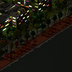 Voxel Art Coastal City 3D Render Beach Town in a Blocky Style night  