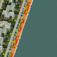 Voxel Art Coastal City 3D Render Beach Town in a Blocky Style top view 