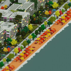 Voxel Art Coastal City 3D Render Beach Town in a Blocky Style sunny day