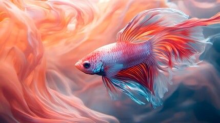 Fototapeta premium Betta fish with vivid red and blue colors swimming through a cloud-like background