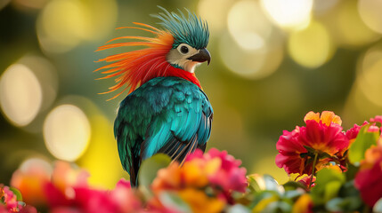 Obraz premium Brilliant Quetzal bird, standing among colorful flowers in a tropical forest, Ai generated images