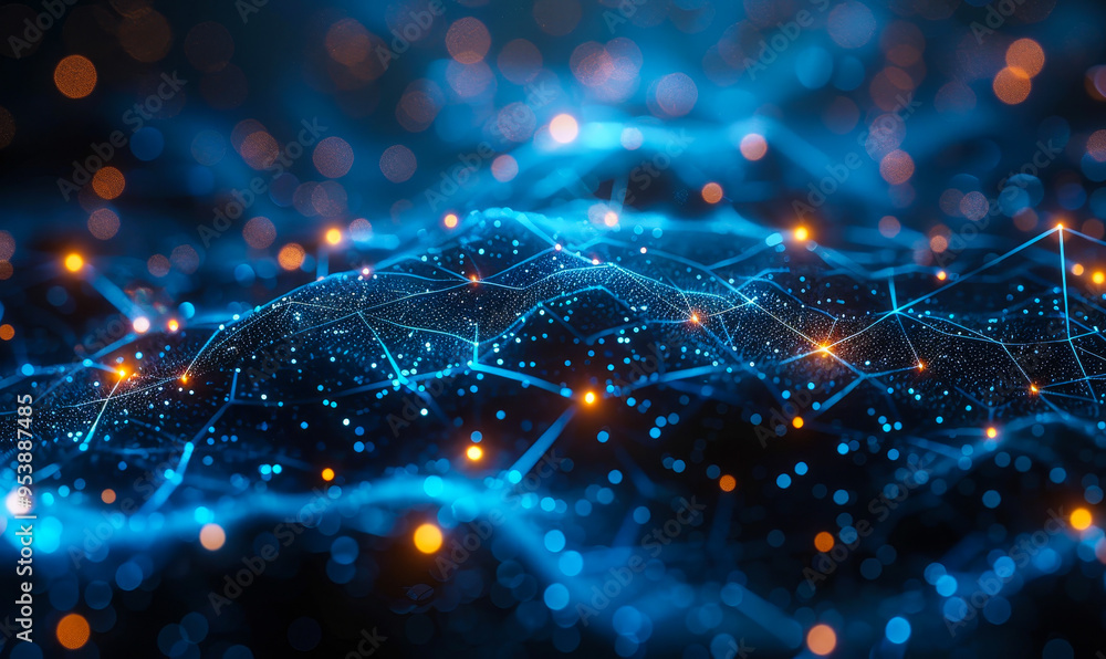 Poster futuristic high tech connectivity network in blue 3d render with glowing data points and lines depic