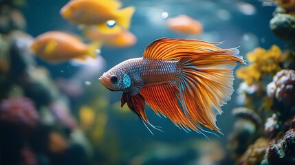 Fototapeta premium Graceful orange and white betta fish swimming in soft focus aquatic environment