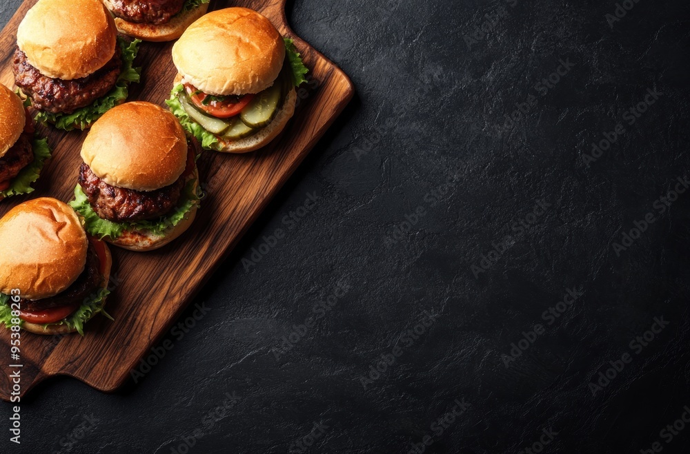 Wall mural Delicious  Homemade Burgers on a Wooden Cutting Board