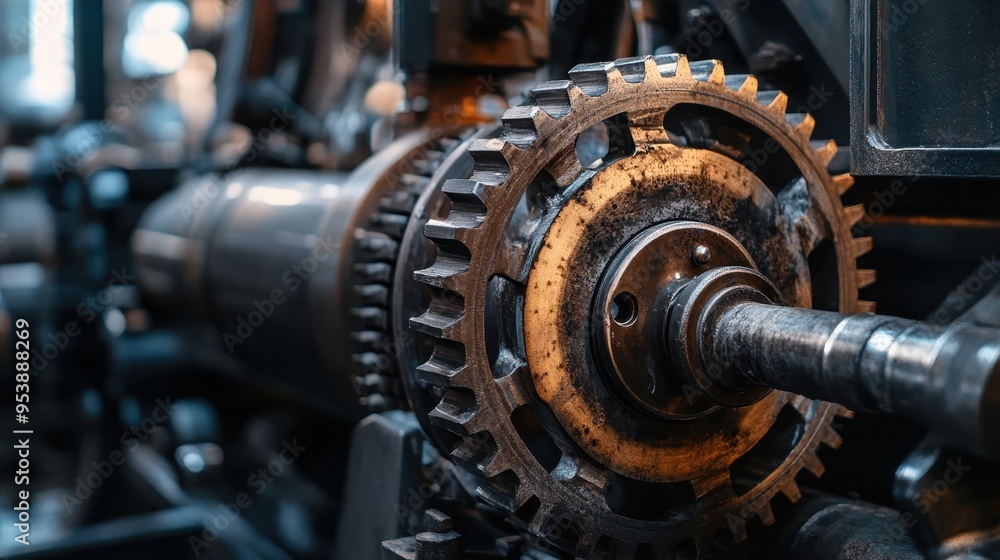 Poster closeup of a mechanical gear mechanism in an industrial setting, showcasing the precision and comple