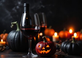 Halloween Wine for the holiday, autumn still life, black roses, Halloween, pumpkins, candles, evil faces,