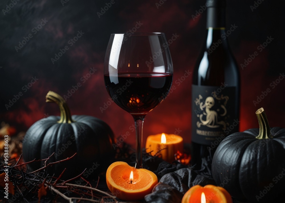 Wall mural halloween wine for the holiday, autumn still life, black roses, halloween, pumpkins, candles, evil f