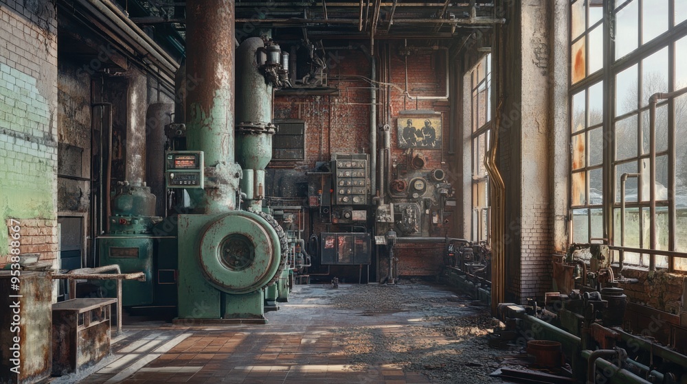 Poster Abandoned Industrial Building with Large Machinery and Sunlight Streaming Through Windows