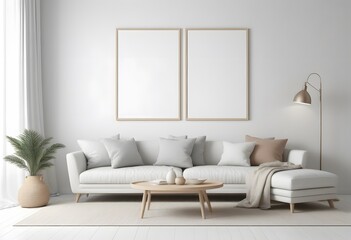 Mock up poster frame in modern interior background, living room, Scandinavian style, 3D render, 3D illustration
