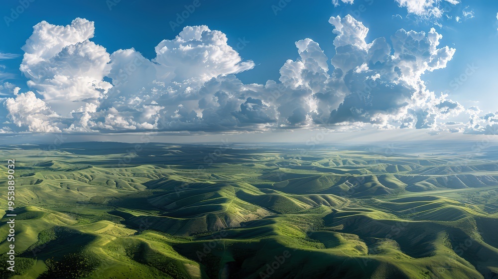 Poster a panoramic view of fluffy, cumulus clouds casting moving shadows over expansive, green hills. the i