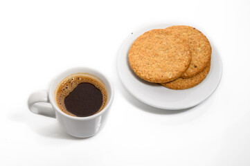 Crispy cookies , coffee cup on a white background