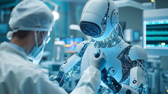 In a state-of-the-art hospital, highly precise programmable automated humanoid robot arms are used to operate on patients.
