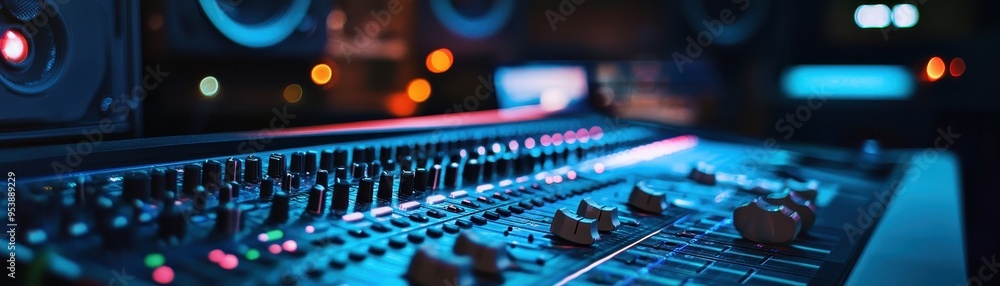 Aufkleber close-up of a professional audio mixing console with illuminated knobs and sliders in a dark studio 