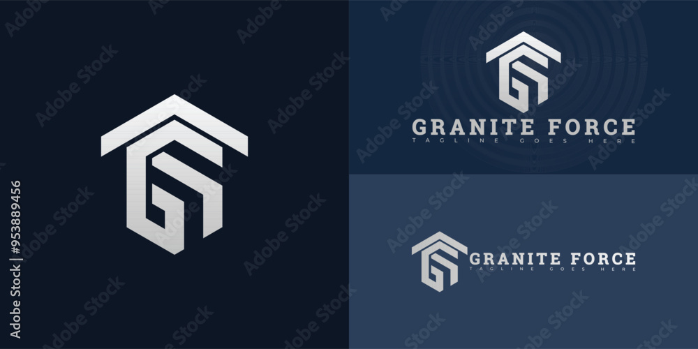 Poster modern hexagon vector initial letter gf or fg logo in silver color isolated on multiple background c