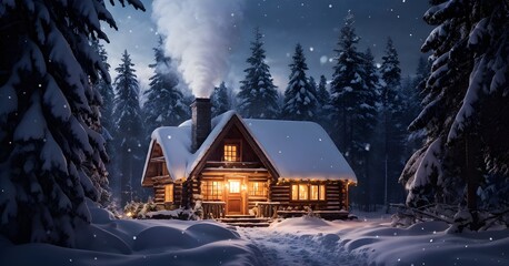 cozy wooden cabin nestled in a snow-covered forest