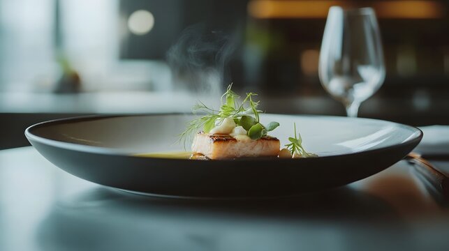 A modern minimalist setting with a restaurant-quality meal on a clean surface