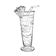 Tequila Sunrise Alcoholic cocktail hand drawn vector illustration. Cocktail sketch. Engraved style. Hand drawn glass with ice.