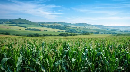 The green of the corn plants contrasts beautifully with the blue sky above, creating a scene of tranquility.