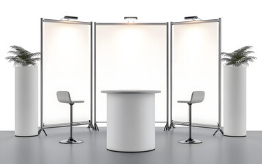 Trade show booth display kit mock-up. White blank expo tradeshow set template. Roll-up retractable banner stands, table counter, swivel bar stools. Realistic 3d vector mockup