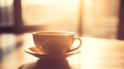 A close-up of a coffee cup resting on a table, sunlight streaming in, symbolizing a relaxed free day, light solid color background