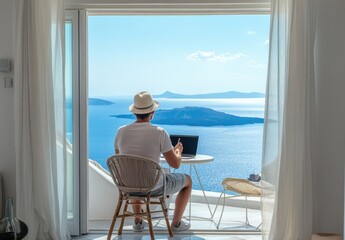 Man sitting in his luxury hotel room with sea view working at table on laptop wearing summer clothes and hat. Remote work or digital nomad lifestyle concept.