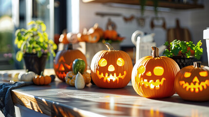 a Halloween preparation scene with traditional carved turnip lanterns and modern pumpkins
