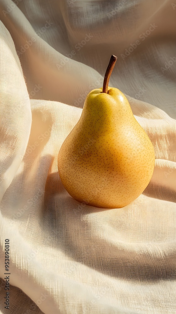 Wall mural an isolated pear resting on a soft fabric, with gentle lighting emphasizing its curves and natural s