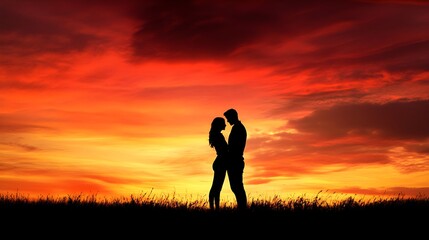 Obraz premium A romantic scene of a couple silhouetted against a sunset, conveying deep affection, with plenty of copy space