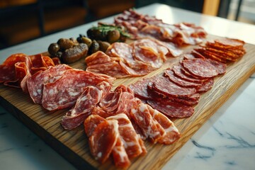 Wooden Cutting Board with Meat and Vegetables