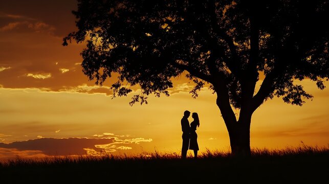 A romantic scene of a couple silhouetted against a sunset, conveying deep affection, with plenty of copy space