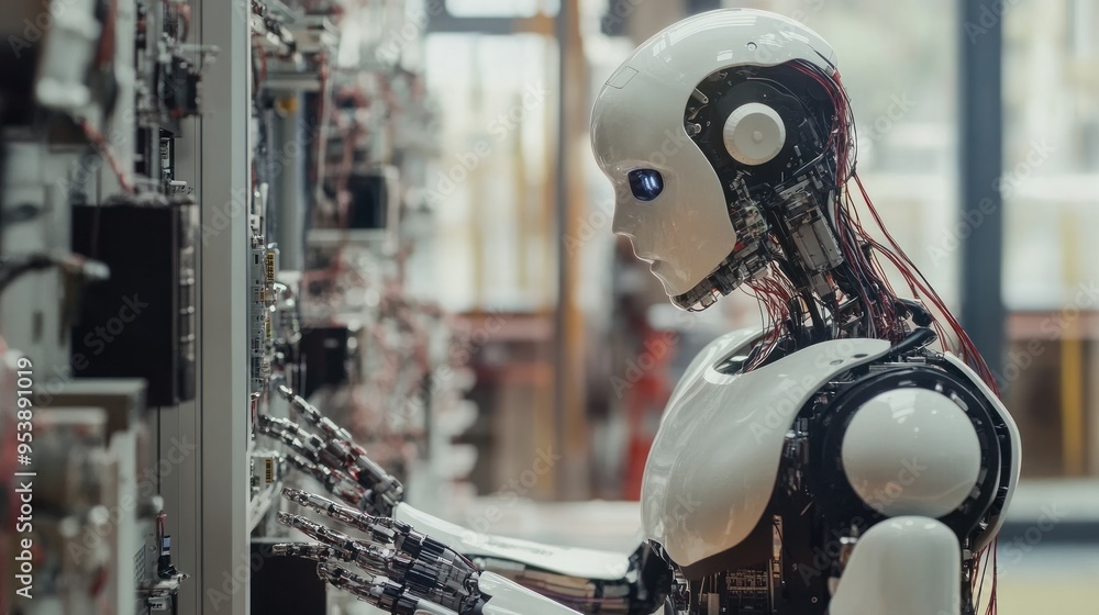 Poster humanoid robot working on a panel