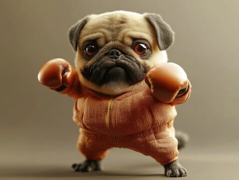 Fighting Pug. Little 3D Character Dog Brave Boxing Match