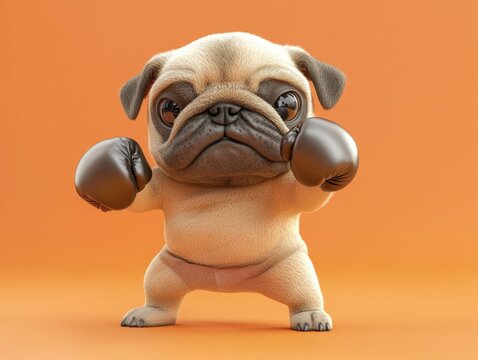 Fighting Pug. Little Brave Character in Action-packed 3D Rendering