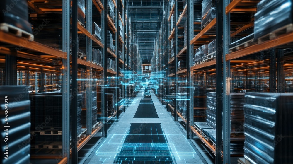 Poster warehouse interior with digital overlay and empty aisle