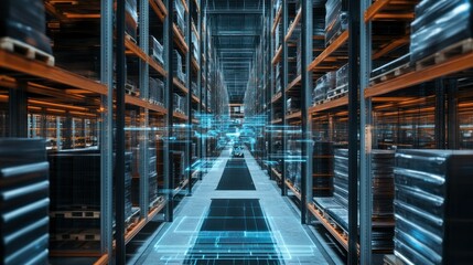 Warehouse Interior with Digital Overlay and Empty Aisle