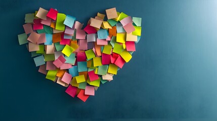 A heart symbol created with colorful sticky notes pinned on a smooth wall, conveying the message of one love
