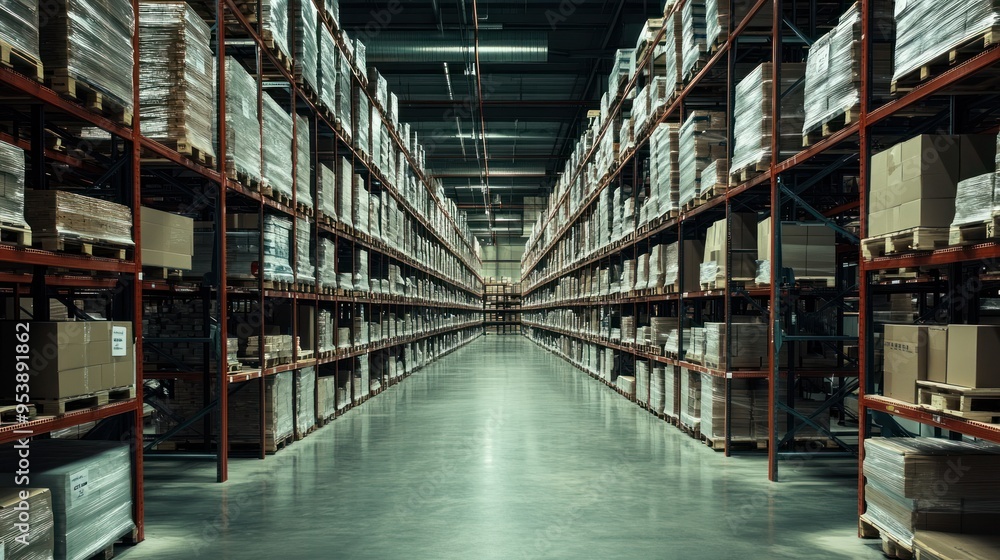 Poster rows of palletized cardboard boxes in a warehouse