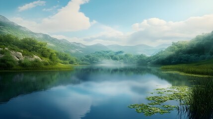 Naklejka premium A serene landscape featuring a calm lake reflecting the sky, surrounded by lush greenery, conveying a sense of peace