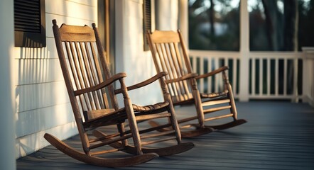 Southern Hospitality. Vintage Wooden Rocking Chairs on Front Porch. Cozy Outdoor Home Furniture Design