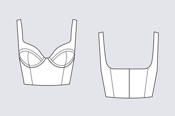 Female crop corselet vector template isolated on a transparent background. Front and back view. Outline fashion technical sketch of clothes model.